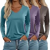 Ficerd 3 Pack Women's Long Sleeve T Shirts, V Neck Basic Tops Fall Casual Trendy Tees Loose Fit Soft Clothes Outfits