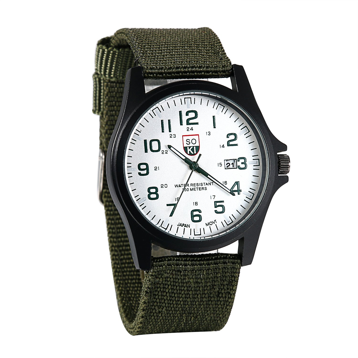 JewelryWe Men Army Date Sport Wrist Watch Analog Quartz Watches with Green Nylon Band