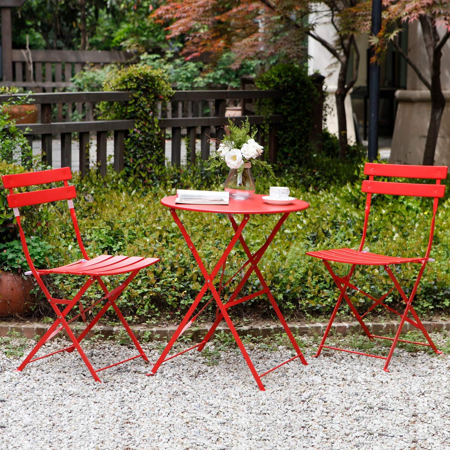 Grand Patio3 Piece Bistro Set, Weather-Resistant Folding Table and Chairs, Indoor/Outdoor Furniture Set (Red): Garden & Outdoor
