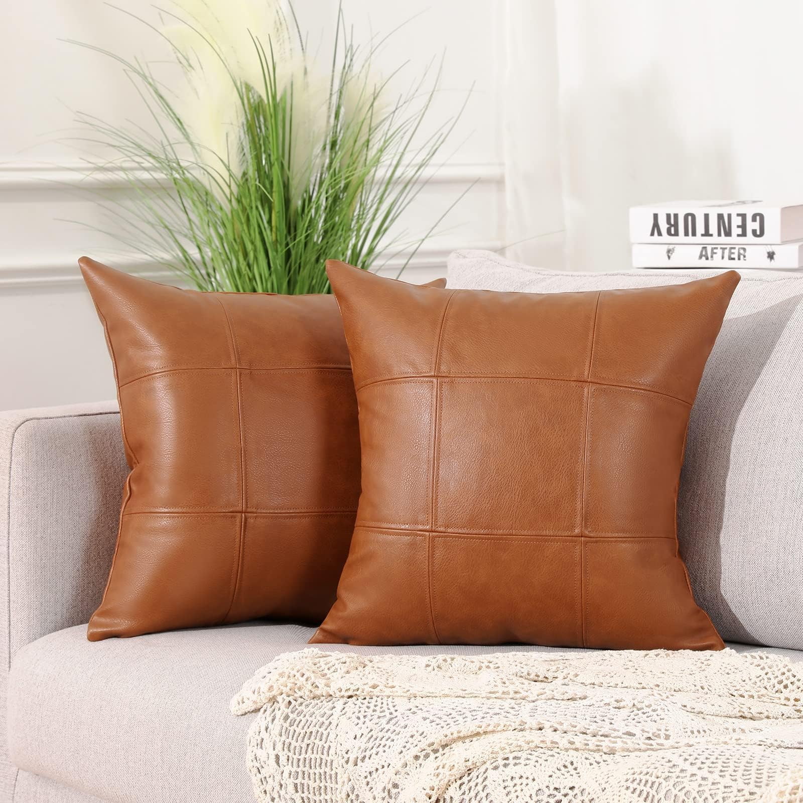 Mandioo Set of 2 Classic Plaid Faux Leather Decorative Cushion Covers 55cm x 55cm 22x22 Inch Modern Luxury Vegan Outdoor Throw Pillow Cases Pillowcases for Couch Sofa Bed Farmhouse Brown