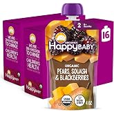 HAPPY BABY Clearly Crafted, Stage 2, Pears, Squash &amp; Blackberries, 4oz (16) | USDA Organic &amp; Vegan Baby Food, 1/2 Serving of Veggies, Gluten-free, Clear Pouch Shows Real Ingredients Inside, Non-GMO