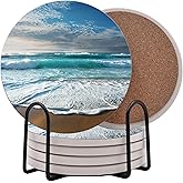Ocean Coastal Theme Round Coasters Set of 6 - Abosrbent Ceramic Coasters with Metal Stand for Drinks, Beer, Coffee, Non-Slip Cork Back for Tabletop Protection, 4 Inches (Beach)