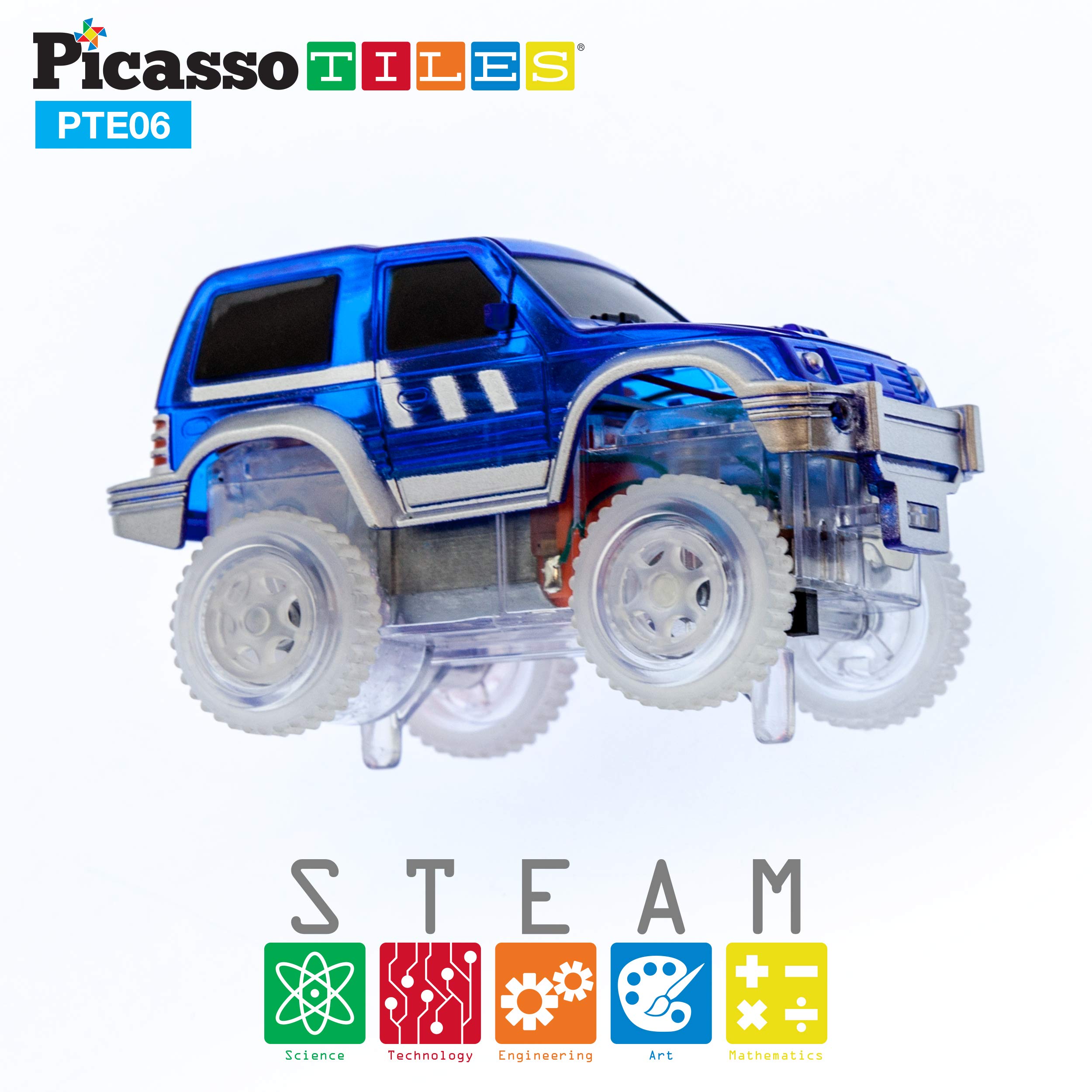 PicassoTiles 3 Magnetic Toy Cars Set Light Up LED Highly Detailed Compatible with Magnet Car Race Track STEM Truck Replacement Accessories Educational Building Kits for Toddlers Boys & Girls Ages 3+