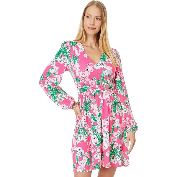 knee length dresses for ladies DEACON 3/4 SLEEVE V-NECK DRESS, MULTI FLITTING ABOUT  Palm Place