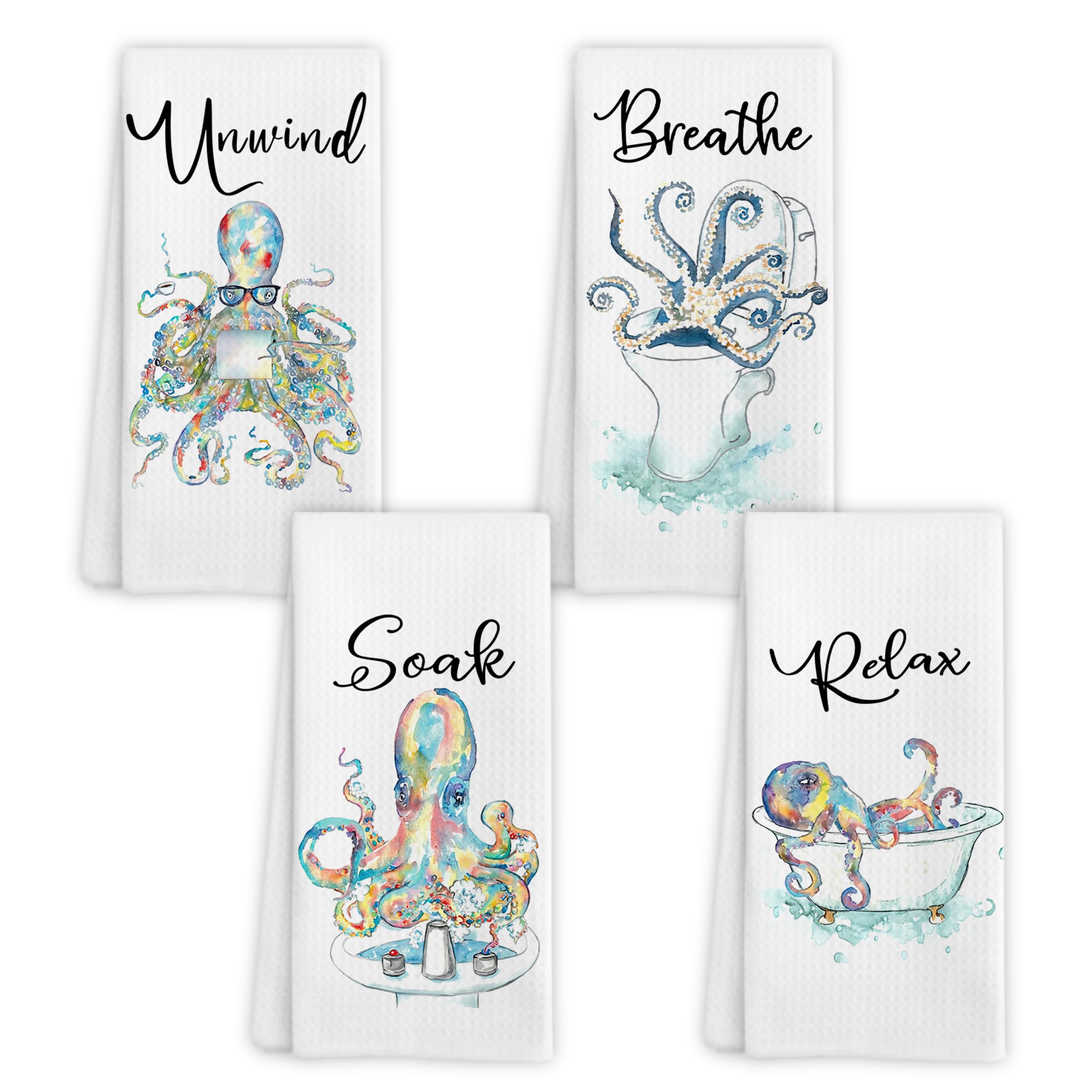 Photo 1 of WARDOS Coastal Beach Octopus Hand Towels for Bathroom Set of 4, Ocean Marine Octopus Relax Breathe Soak Unwind Decorative Hand Towels for Gym Yoga Spa Bathroom Kitchen Decor, 16x24 Inch