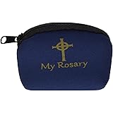 Catholic Gift Blue "My Rosary" Zippered Pouch Case with Stamped Gold Celtic Cross Design