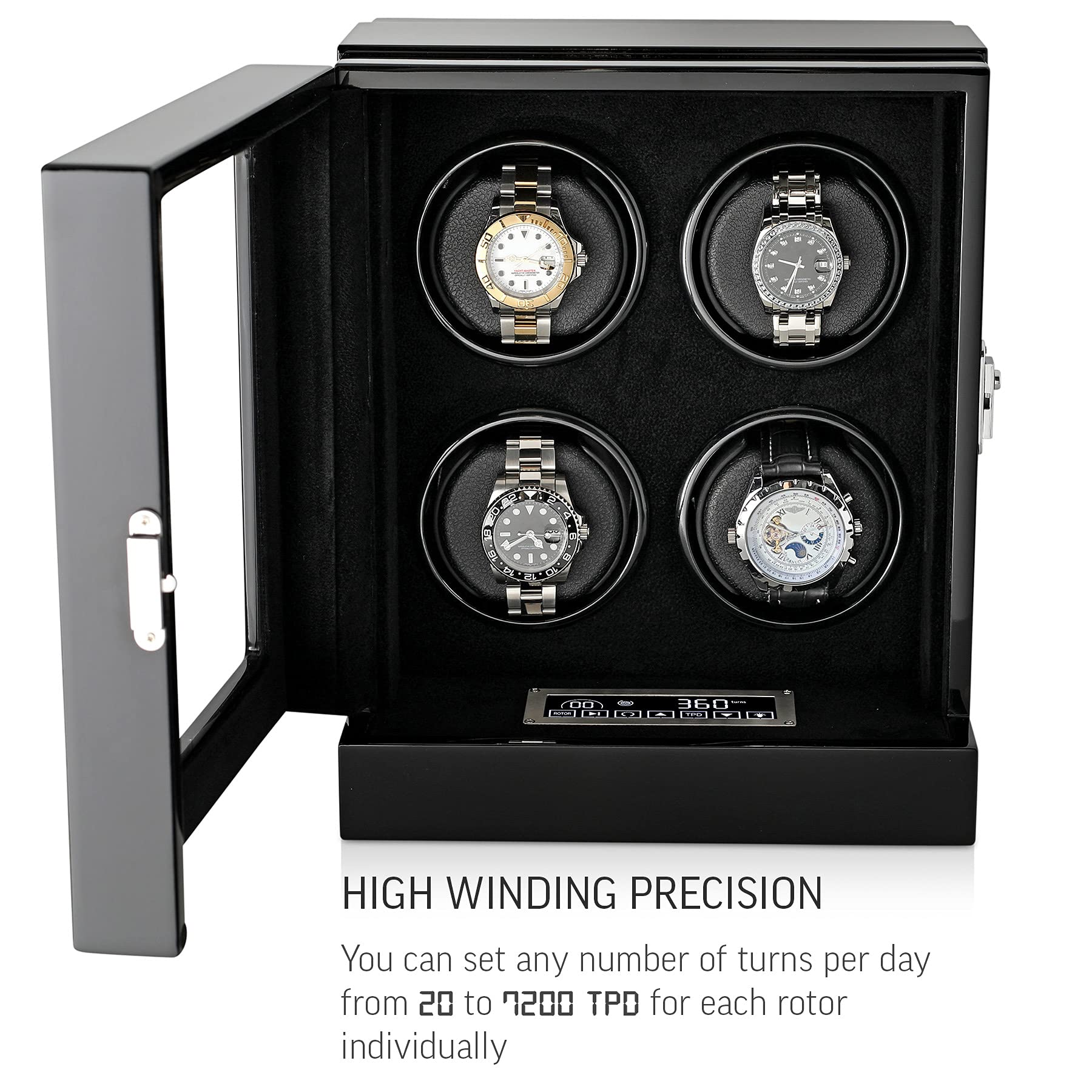 Watch Winder for 4 Watches with Customisable Winding Mode and LED Backlight