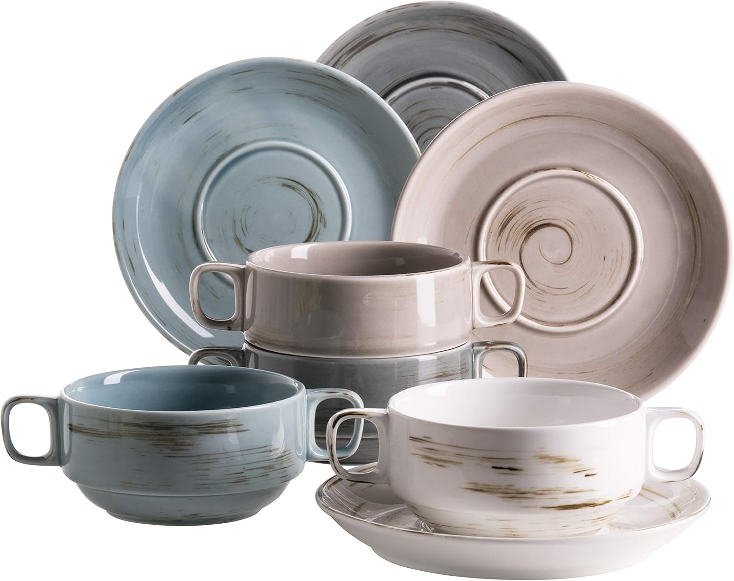 MÄSER 931453 Serie Derby, Premium Suppentassen Set für 4 Personen in Gastronomie-Qualität, 8-teiliges modernes Service aus Suppenschüsseln und Untertassen in bunten Pastellfarben, Durable Porzellan