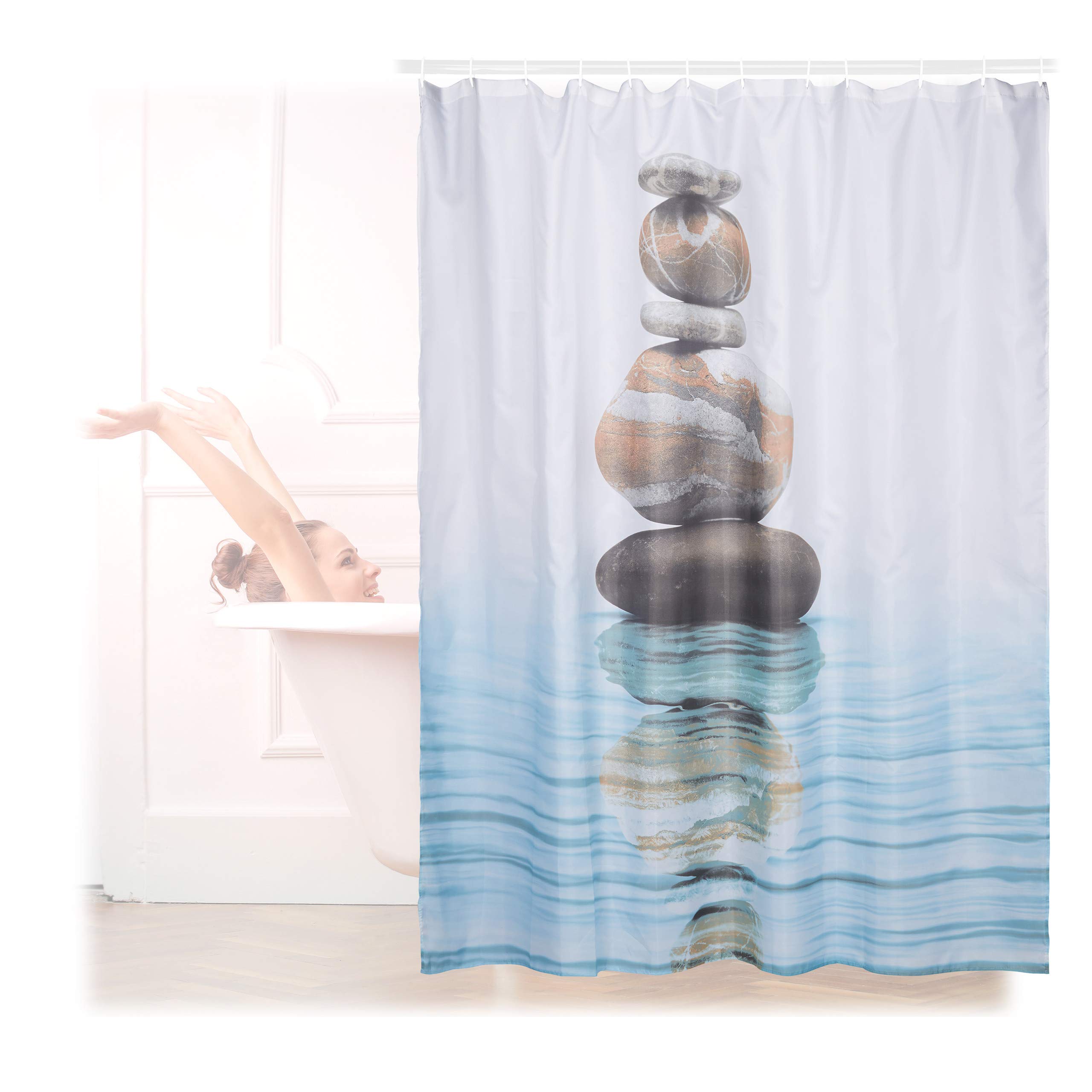 Relaxdays Shower Curtain with Stone and Water Motif, Polyester, Washable, Anti-Mould, Bathroom Curtain 180x180 cm, Blue