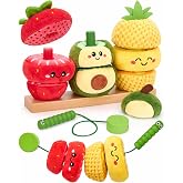hahaland Montessori Toys for 1 Year Old Girl Boy, Stacking Rings Baby Toy | Soft Sorting &amp; Stacking Toy Fruits with Wooden Stacker, Threading Set for Toddlers 1-3 Developmental 1st Birthday Girl Gifts