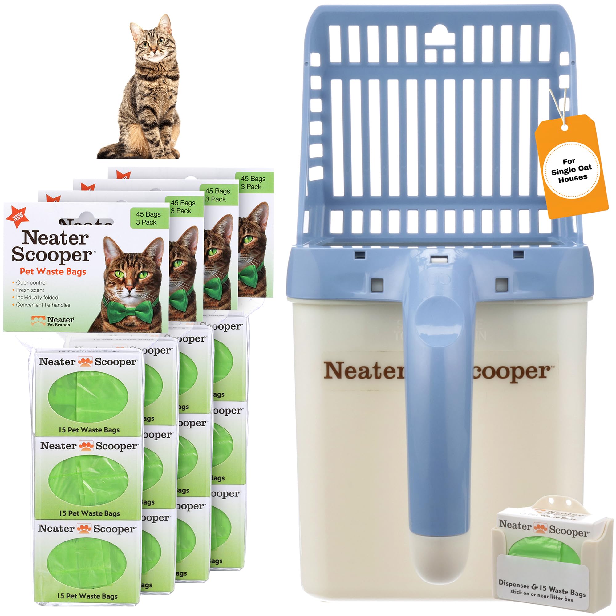Neater Pet Brands - Neater Scooper Cat Litter Scoop and 195 Count Refill Bag Bundle - Cat Litter Sifter Poop Scoop System with Extra Waste Bags, Blue