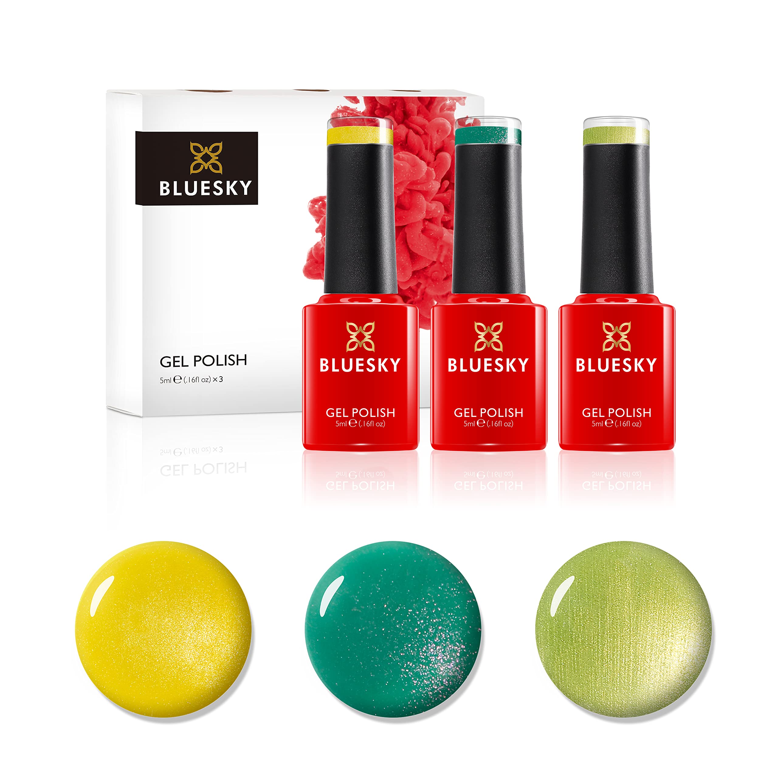 "Bluesky Gel Nail Polishes, Brights, Bicycle Yellow 80576, Limeade 80550, Art Basil 80615 3 x 5ml Yellow, Green (Requires Curing Under UV LED Lamp)