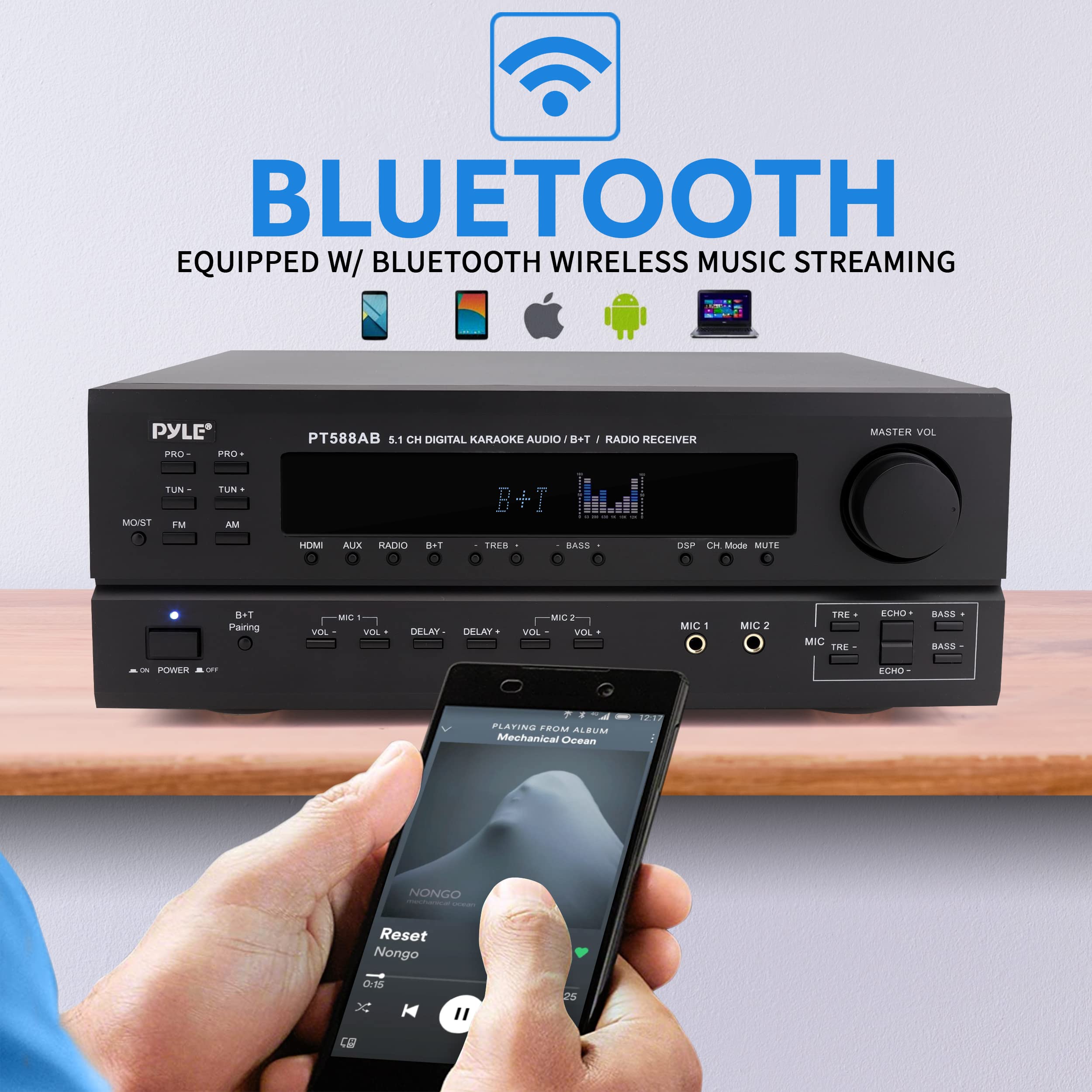 Pyle Wireless Bluetooth Power Amplifier System - 420W 5.1 Channel Home Theater Surround Sound Audio Stereo Receiver Box w/RCA, AUX, Mic w/Echo, Remote - for Subwoofer Speaker - Pyle PT588AB.6
