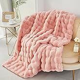 RYNGHIPY Faux Fur Blanket for Couch Fluffy Warm Throw Blanket for Sofa Bed Soft Plush Thick Bubble Blanket (Blush, 63''x79'')