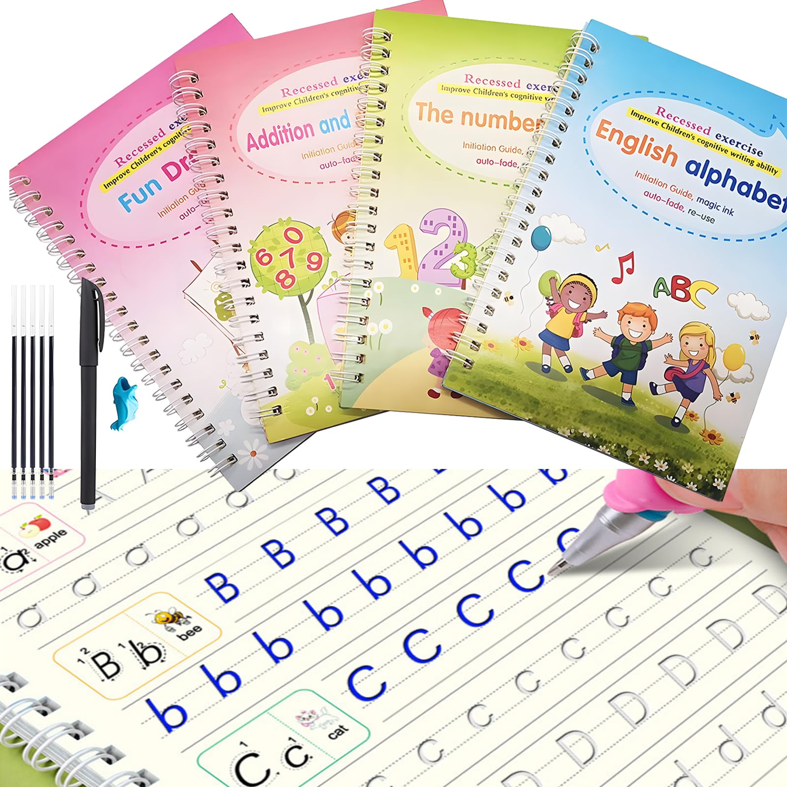 4 Pcs Magic Ink Copybooks for Kids, Grooved Handwriting Workbooks with 6 Pcs Magic Ink Pens for Preschools Fun Drawing, The Number 0-100, Addition, Subtraction, English Alphabet