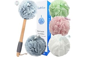 Bathflor 6-in-1 Shower Loofah Sponge Exfoliating Body Scrubber for Bath Wash, 4 Extra Large 80g Soft Mesh Loofa Pouf, 1 Long Handle luffa on a Stick, 1 Hook, Body Scrub for Women & Men (4Color)