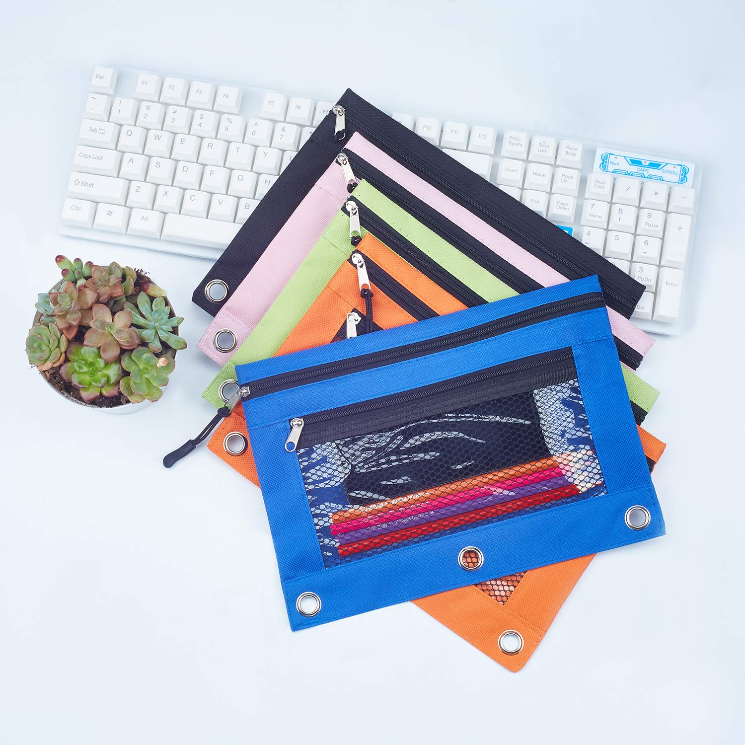 Pencil Case with Double Pocket and Mesh Window 3 Rings Binder Pencil