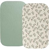 Muslin Bassinet Sheet Compatible with Arms Reach Co-Sleeper Bassinet | 2 Pack Cotton Stylish Boho Fitted Bassinet Sheets Super Soft for Baby Roman Green &amp; Botanical Leaf