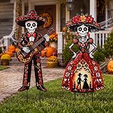 Geelin 2 Pack Metal Day of The Dead Outdoor Decorations Yard Signs | Dia De Los Muertos Sugar Skull, Decorative Garden Stakes, Halloween Calavera Couple Decor, Outside Garden Lawn Porch Party