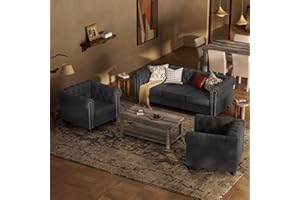 Morden Fort 3 Piece Classic Chesterfield Sofa Set, 2 Tufted Chairs & 3-Seater Sofa with Solid Wood Leg Thick Cushion, Pet-Friendly Couch Set Furniture for Living Room Bedroom Apartment, Linen Grey