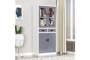 LISSIMO Metal File Cabinet with Glass Doors and Shelves,Locking Cabinet with 2 Drawers,Kitchen Pantry Storage Cabinet for Home Office Assembly Required