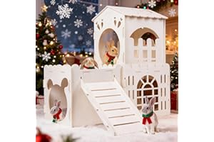 OREKEMO Large Rabbit House, Wooden Bunny Castle with 3 Houses Indoor, Rabbit Guinea Pig Cage Multistory Climbing Tower Sturdy Wooden Castle, Small Animal Hideaway Tunnel