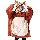 Giggling Getup Wearable Blanket Hoodie for Women Men Sherpa Fleece Hooded Blanket Sweatshirt Warm Cozy Sherpa Wearable Throw Oversized Hoodie with Giant Pocket & Sleeves for Adult Christmas Reindeer