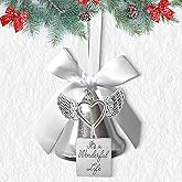 It's a Wonderful Life Inspired Christmas Bell Ornament - Stainless Steel with Angel Wing Heart Charm, White Ribbon, Larger Size, Festive Jingle Bell for Holiday Tree & Mantel Decor