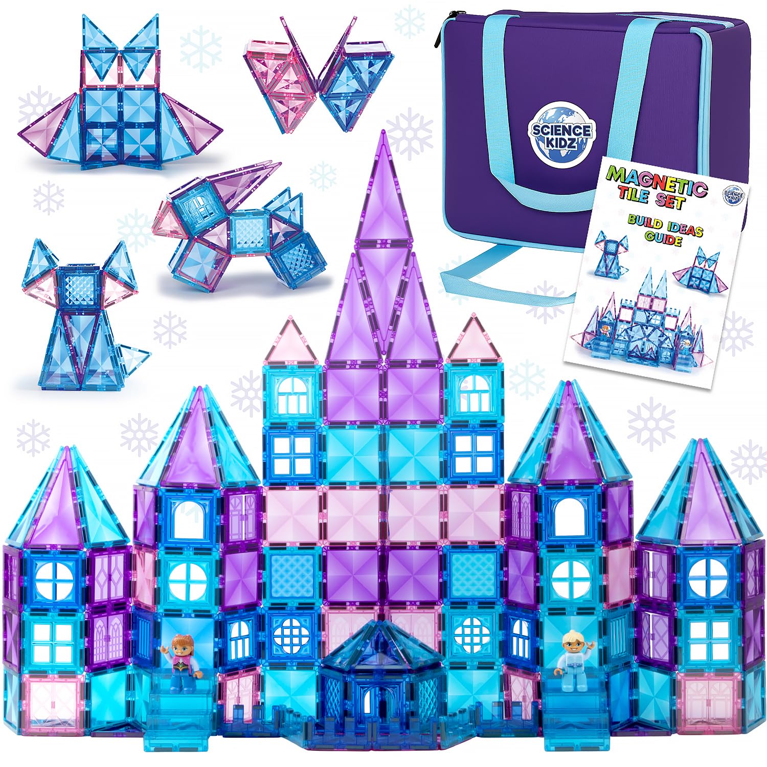 Science Kidz Magnetic Tiles For Girls - 114 Piece Princess Castle Set, 2 Play Figures & Storage Bag - Magnetic Building Blocks For Kids - Birthday Gifts Toys For 3, 4, 5, 6, 7 Year Old Girls - Magnet