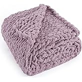 LONG CREATE Chunky Knit Throw Blanket 60"X 80", 100% Handmade with Soft Chenille Yarn, 4.4lbs Thick Cable Knitted Blankets, Large Rope Knot Crochet Throws for Couch Sofa Bed Home Decor, Purple