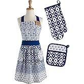 DII Kitchen Gift Set Collection, Apron, Pot Holder & Oven Mitt, Blue Market, 3 Piece