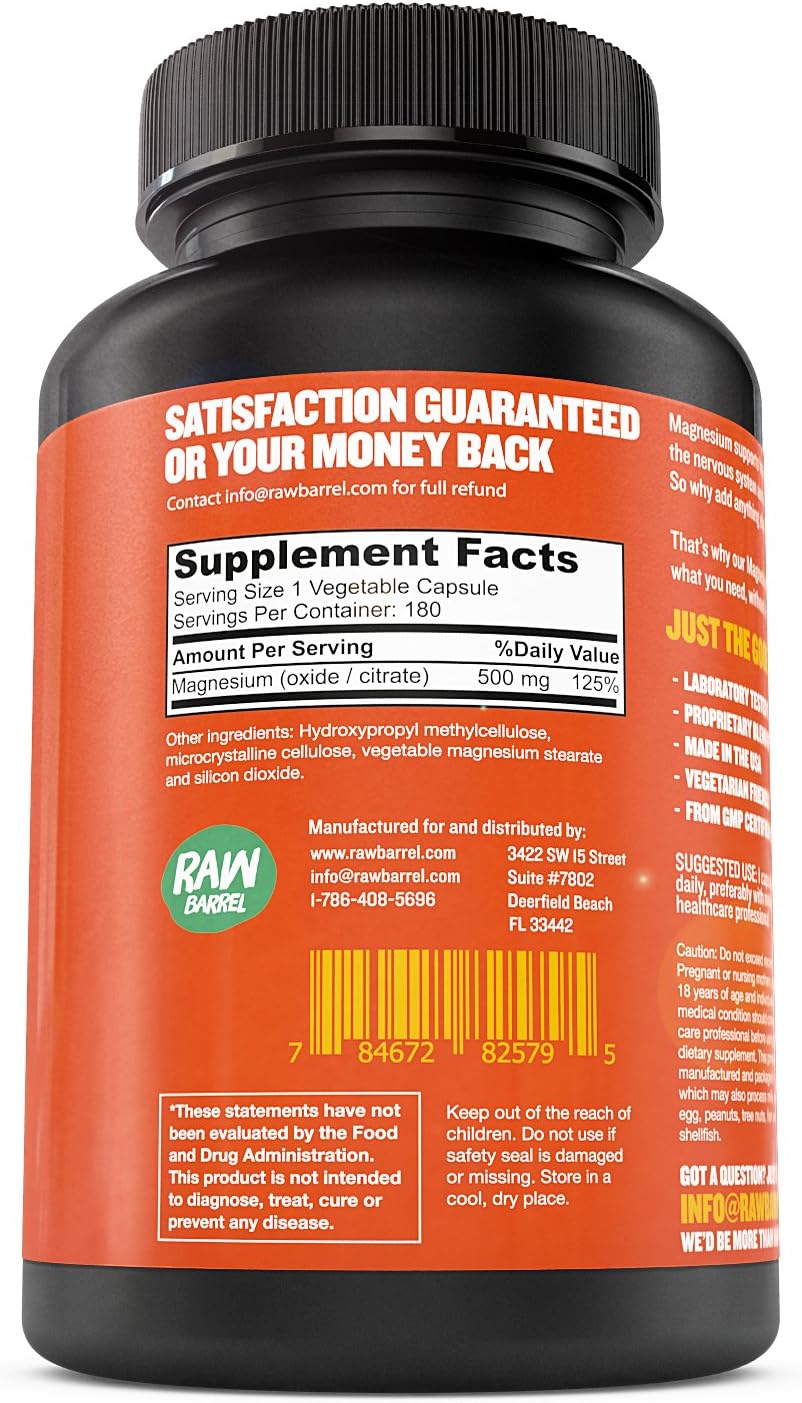 Raw Barrel's - Pure Magnesium Capsules - 500mg EXTRA STRONG Veggie Caps - SEE RESULTS OR YOUR MONEY BACK - 180 Pills, Unique Citrate & Oxide Formula - *FREE* digital guide: Health & Personal Care