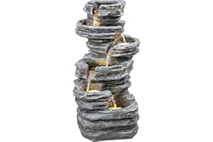 Outsunny Outdoor 6-Tier Cascading Rock Water Fountain, Waterfall Fountain with LED Lights, Freestanding Resin Waterfall Featu