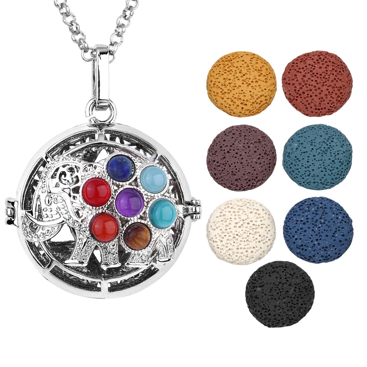 JOVIVI Bijoux Pendentif Collier 7 Pierres Chakras Tibetain Bouddhiste Forme Elephant Argente avec Chaîne + 7 Pierres Laves Colorees Rondes