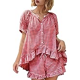Yimoon Womens Gingham Pajamas Set Plaid Cotton Pj Set Puff Sleeve Ruffle Babydoll Shirt Shorts Summer 2 Piece Outfits