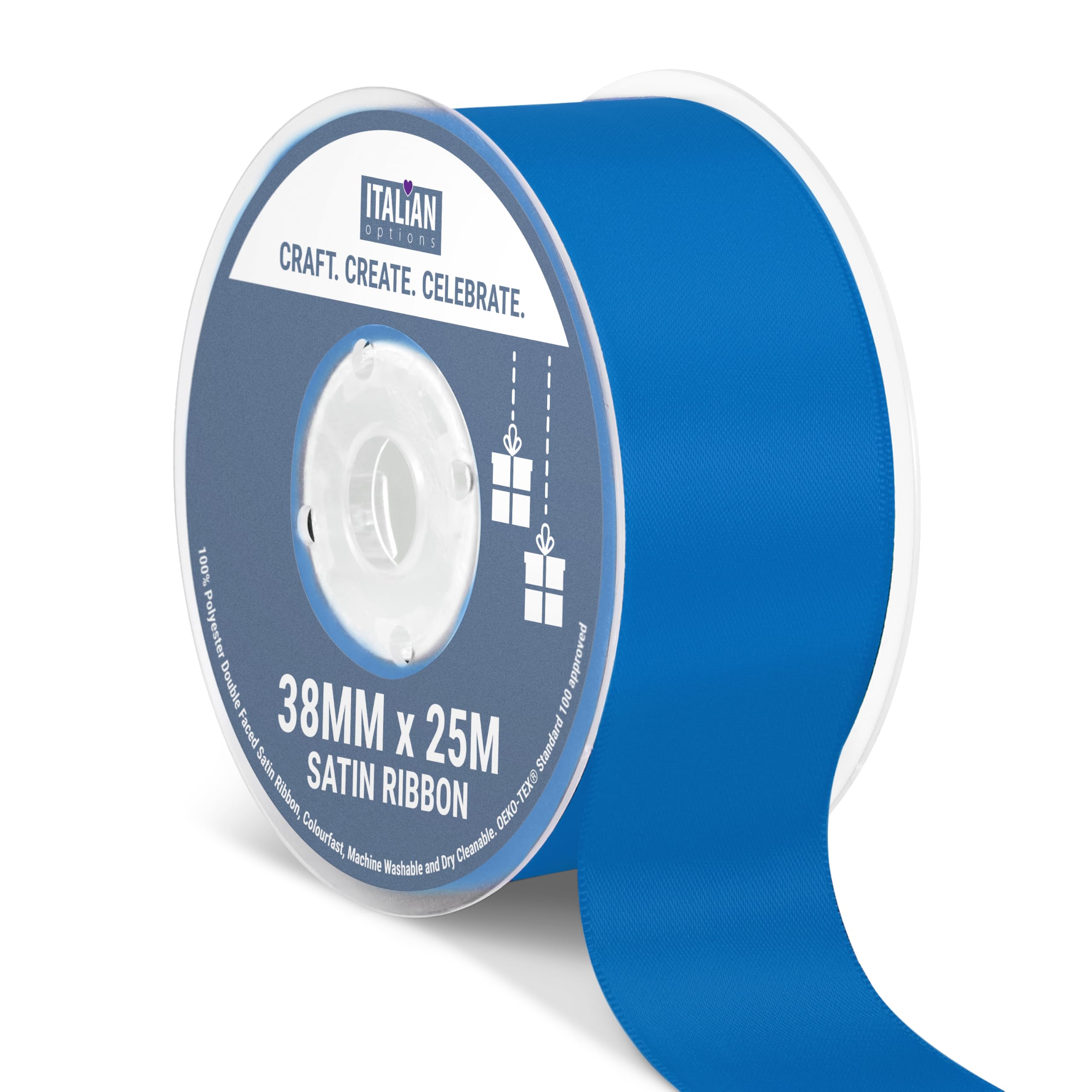 Italian Options Satin Ribbon, Fabric Ribbons for Gift Wrapping, Crafting, Balloons, Wedding Car, Presents, Cake, Christmas, Birthday, Gift Wrap Accessories, 38mm Wide x 25 Metre Roll, Royal Blue