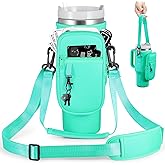 BULKITEM Water Bottle Carrier Bag with Phone Pocket for Stanley 40 & 30 oz Tumbler with Handle,Pink Insulated Neoprene Cup Holder Pouch w/Adjustable Strap for Quencher H2.0 Stanley Cup Accessories