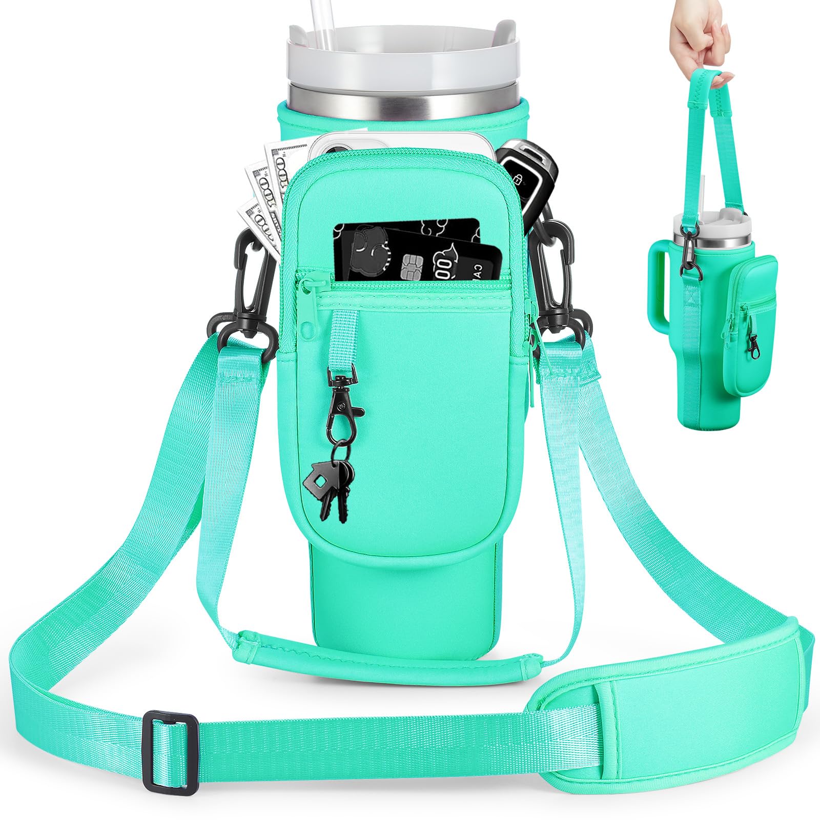 Photo 1 of BULKITEM 30oz Water Bottle Carrier Bag with Phone Pocket for Green Stanley 30 oz Tumbler with Handle, Green Insulated Neoprene Cup Holder Pouch Strap for Valentines Stanley Cup Accessories
