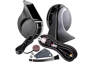 FARBIN Loud Truck Horn 12v Air Horn Loud Car Horn Kit with Relay Harness and Switch Button for Truck Car Train Motorcycle (Black horn with harness and button)