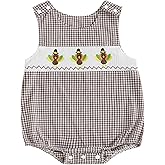 KtwHarnu Newborn Baby Boy Thanksgiving Clothes Turkey Embroidery Sleeveless Smocked Bubble Romper Plaid Bodysuit Fall Outfit