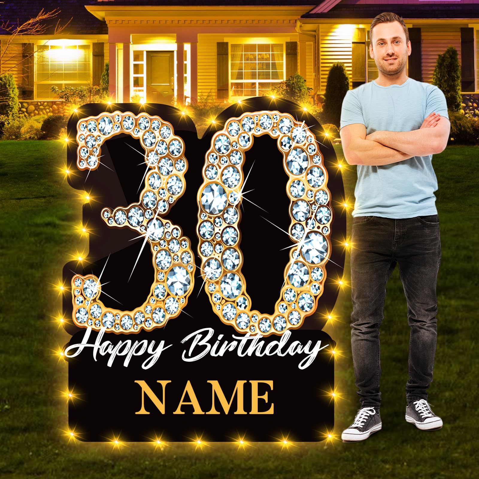 Photo 1 of 30th Birthday Yard Sign with LED 30 Inch Black Gold Personalized Name Happy 30th Birthday Lawn Sign with Stakes Outdoor Waterproof Glitter Yard Sign for Men Women 30 Years Old Birthday Supplies Decor