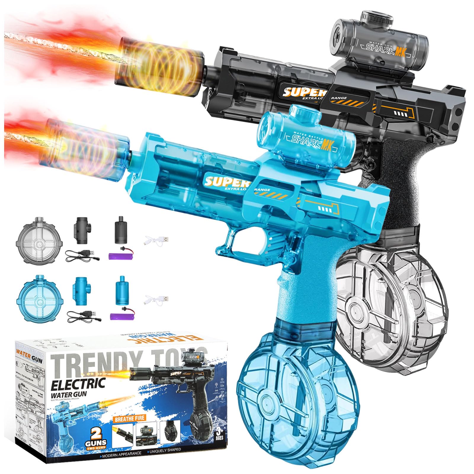 2PCS Electric Water Gun,Automatic Water Gun Pistols for Kids Adults,Long Range Motorized Water Guns with Multifunctional Lighting Effects,Water Pistols for Kids Outdoor Beach Pool Party(Black&Blue)