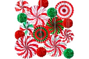 Outus 21 Pcs Christmas Candy Hanging Paper Fans Peppermint Christmas Banners Xmas Classroom Ceiling Decorations Tissue Poms Honeycomb Ball Ornaments for Birthday Wall Decor Supplies(Classic)
