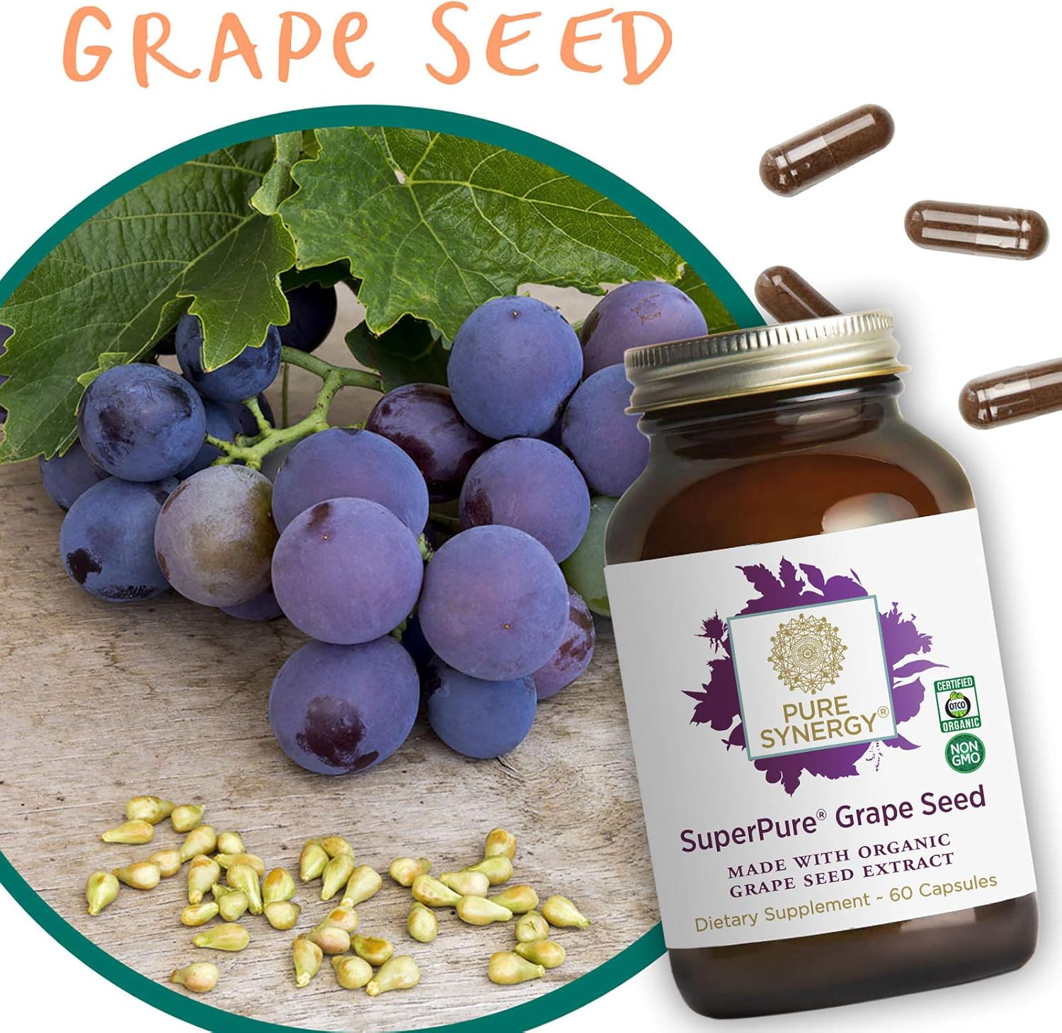 Pure Synergy SuperPure Grape Seed Extract (60 Capsules) w/ Proanthocyanidins for Antioxidant Support: Health & Personal Care