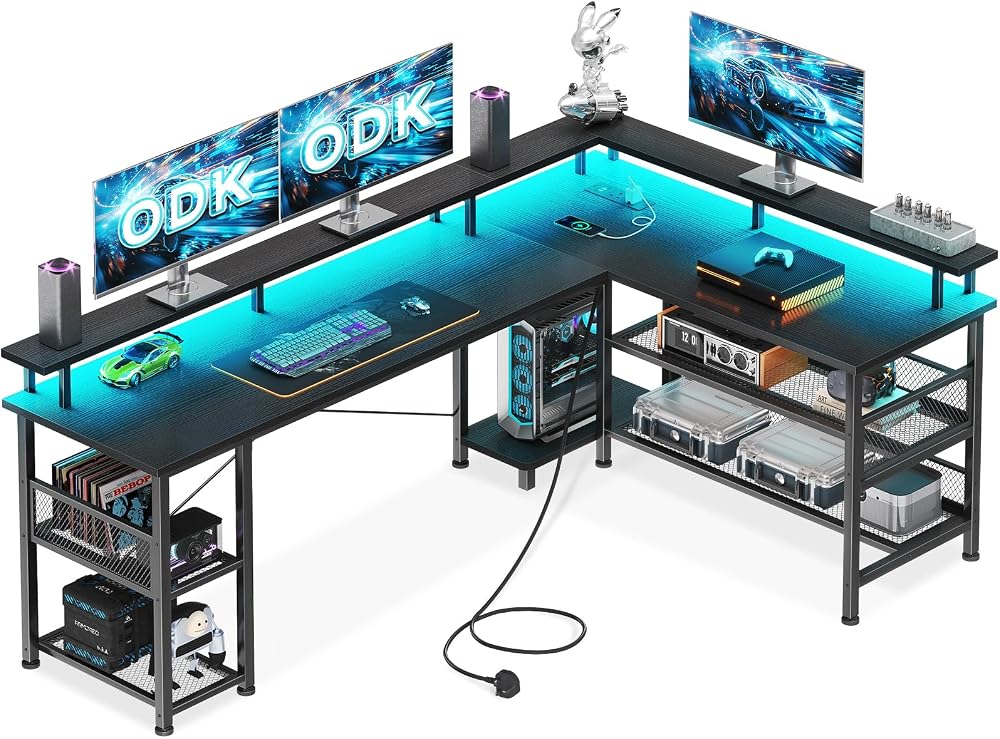 ODK L Shaped Gaming Desk with LED Lights & Power Outlets 168x120cm