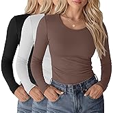 Riyiper 3 Pack Women's Long Sleeve Reversible Shirts Scoop Neck Deep V Neck Tops Slim Fit Undershirts Fall Stretchy Layer Tee