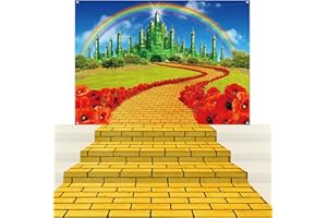 JECTIVS 4Pack Yellow Brick Road Runner and Emerald Castle Backdrop for Wizard Party Decorations,Yellow Brick Stone Road Leading Emerald Castle Rainbow Background for Photography Halloween Princess Party Decor