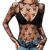 PT Haahoos Mesh Top Women Long Sleeve Crewneck Sexy Lace Sheer Shirts Party Club Night See Through Blouses