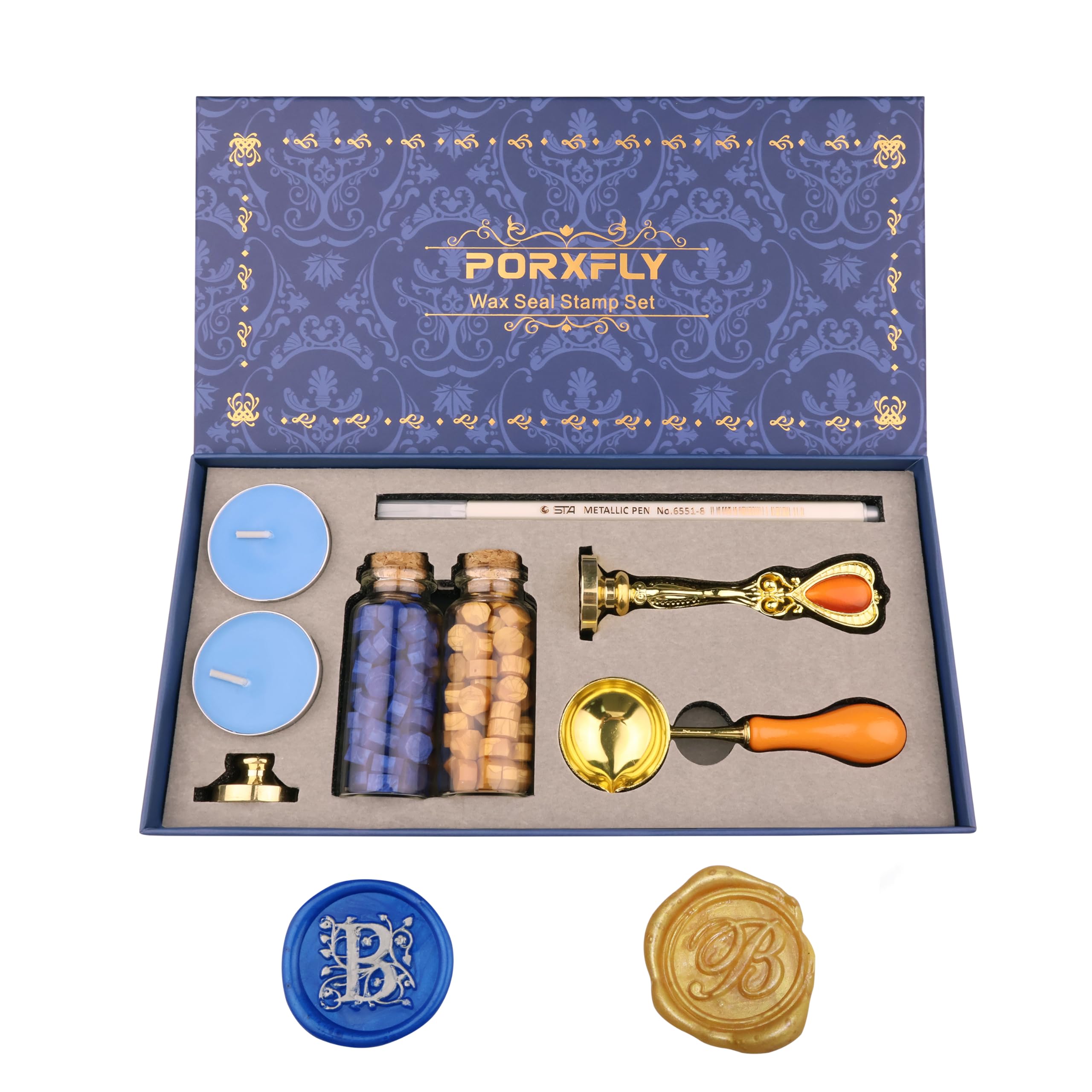 PORXFLY 2 Pieces Letter B Wax Seal Stamp Set,Initial Alphabet Wax Seal Stamp Kit Vintage Gift Box, A to Z Letter Series Stamp for Wedding Invitations, Envelopes, Gift Wrapping (B)