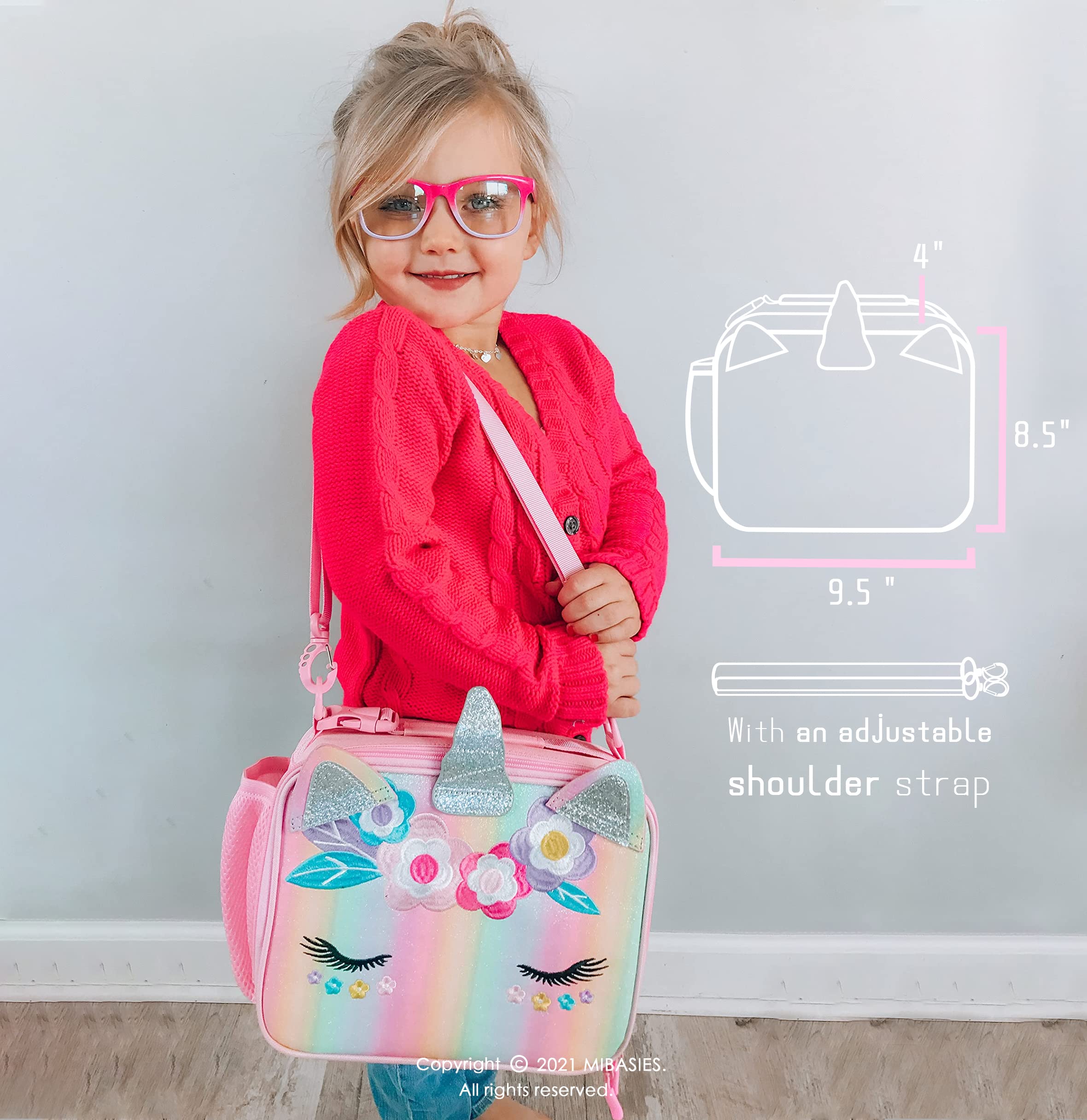 mibasies Unicorn Lunch Bag Kids Insulated Lunch Box for Girls with Water Bottle Holder and Shoulder Strap (Pink Blue Rainbow)